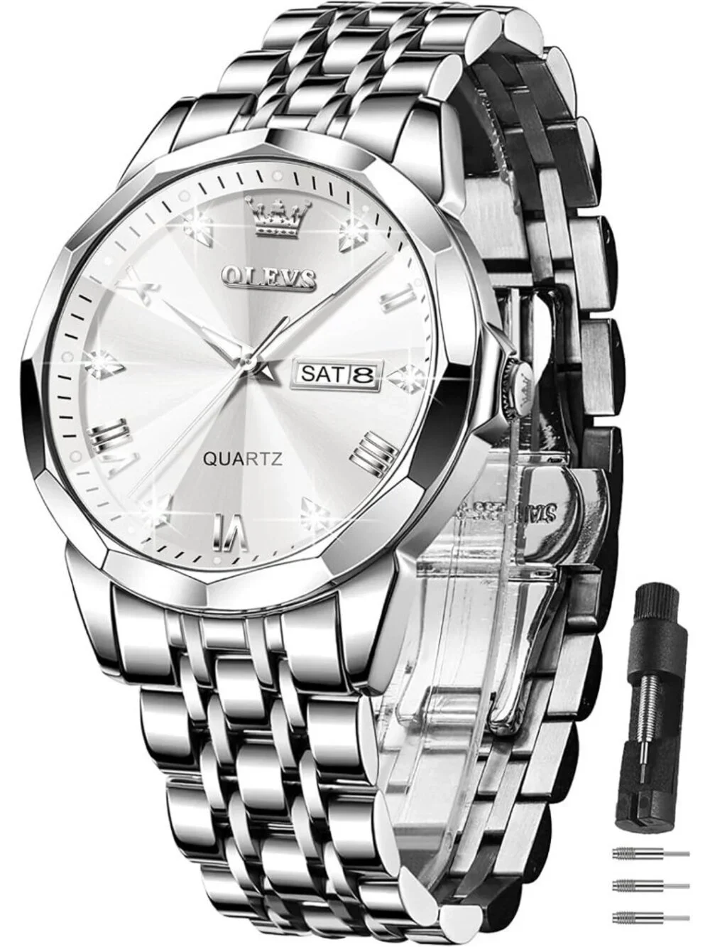 Men's Silver Diamond Stainless Steel Band Waterproof Roman Numbers Classic Watch